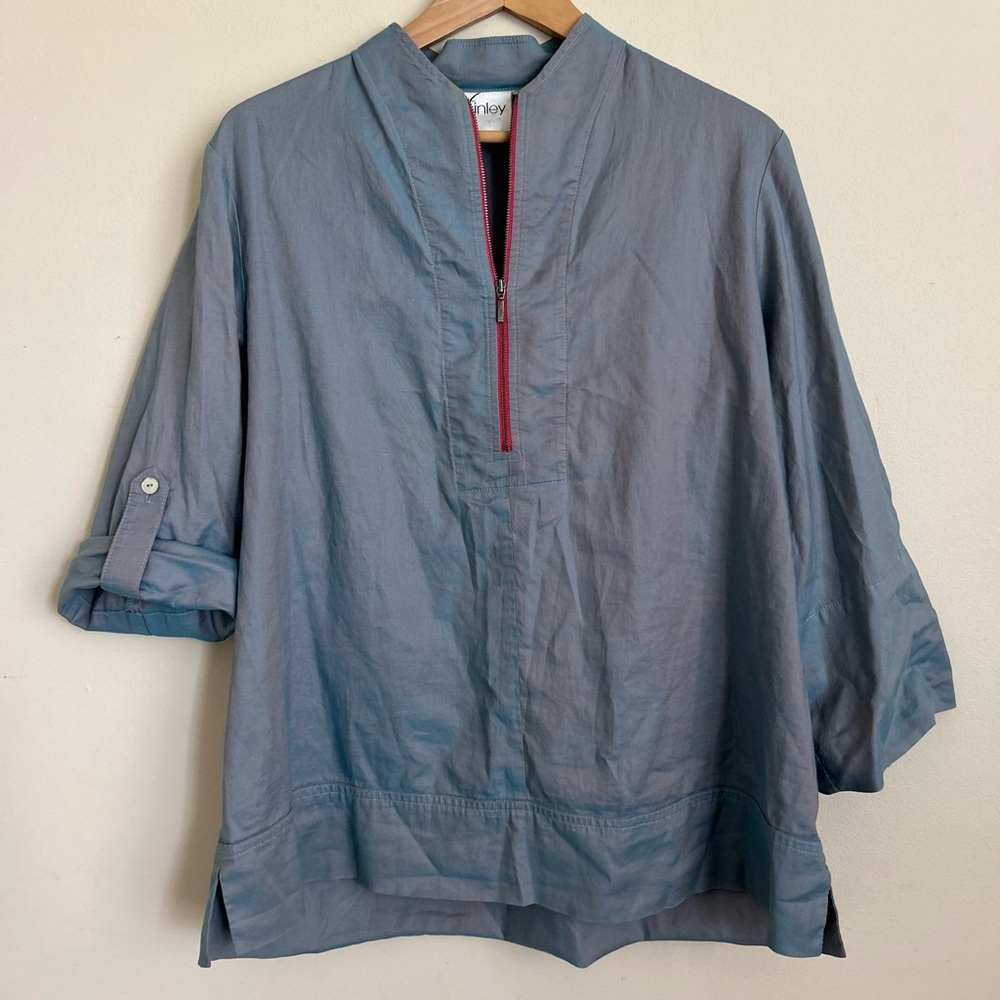 Finley Rare Find VTG Blue Pink Sheen Half Zip 3/4 Sleeve Pullover Blouse!